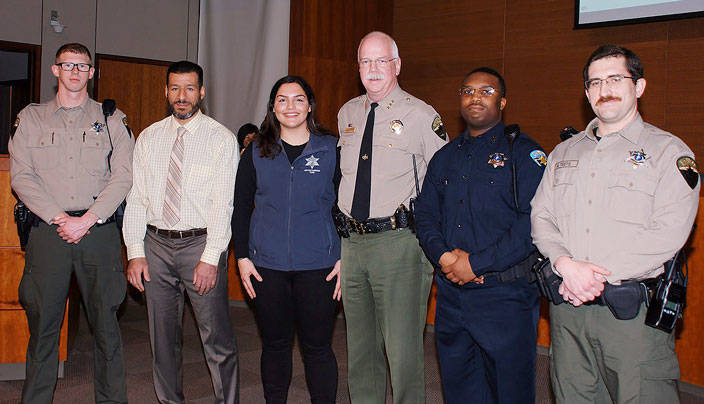 From left: Mark Hammersberg, Ahmed Hammou, Tugba O’Dell, Sheriff Gary Simpson, Kyree Studivant and Ben Teets