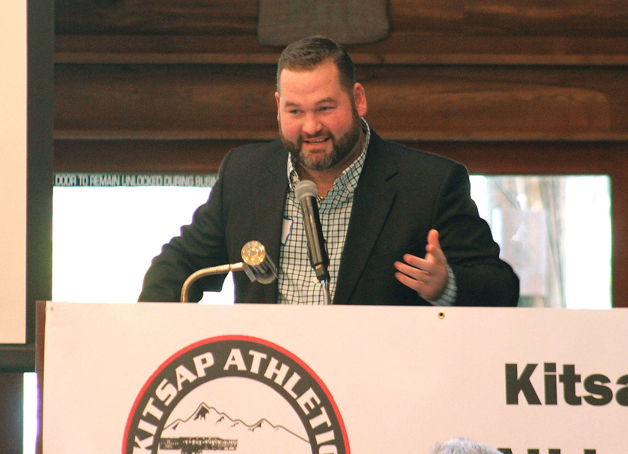 Brock Stodden, known as the Bremerton Butcher during his boxing days, accepts his induction into the Kitsap Sports Hall of Fame. (Mark Krulish/Kitsap News Group)