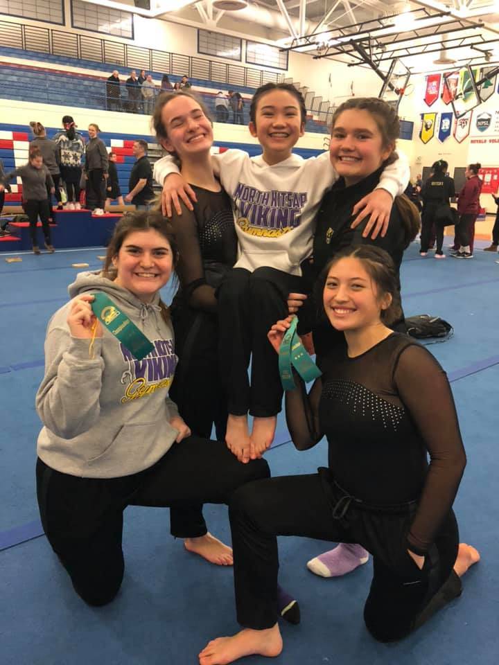 Five North Kitsap gymnasts, Caytlin Johnson, Ginger Silfies, Junko Ketch, Grace Billings and Kelli Stevens qualified for the state meet. (Photo courtesy of Kris Goodfellow)
