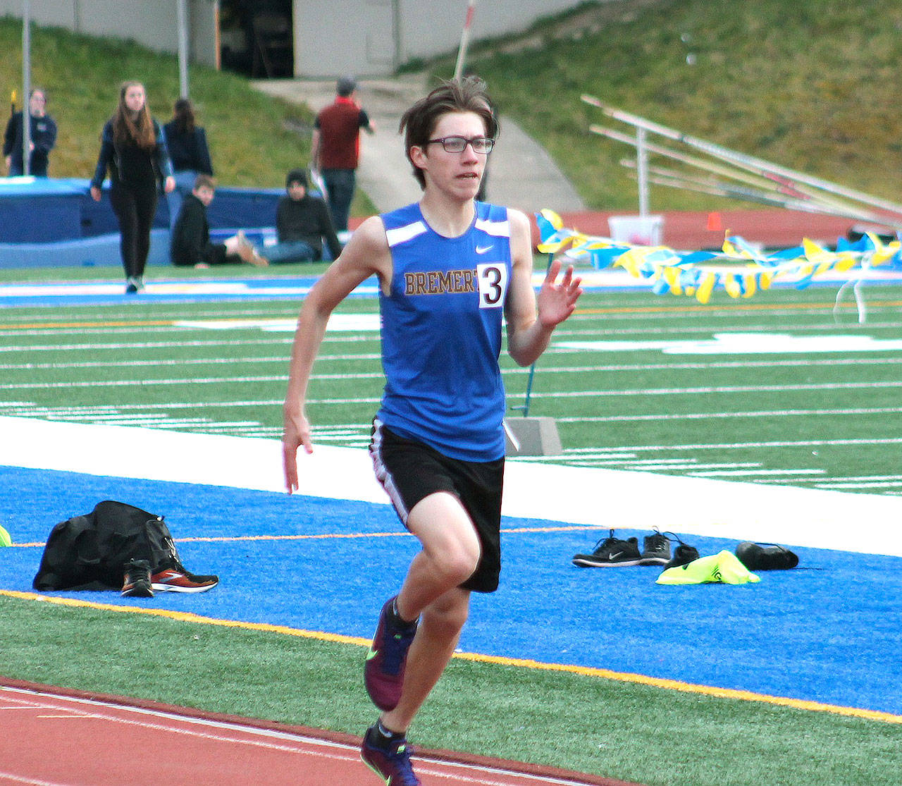 Bremerton’s Enrique Brambila finishes the 800-meter run with a second place time of 2:09.93. (Mark Krulish/Kitsap News Group)