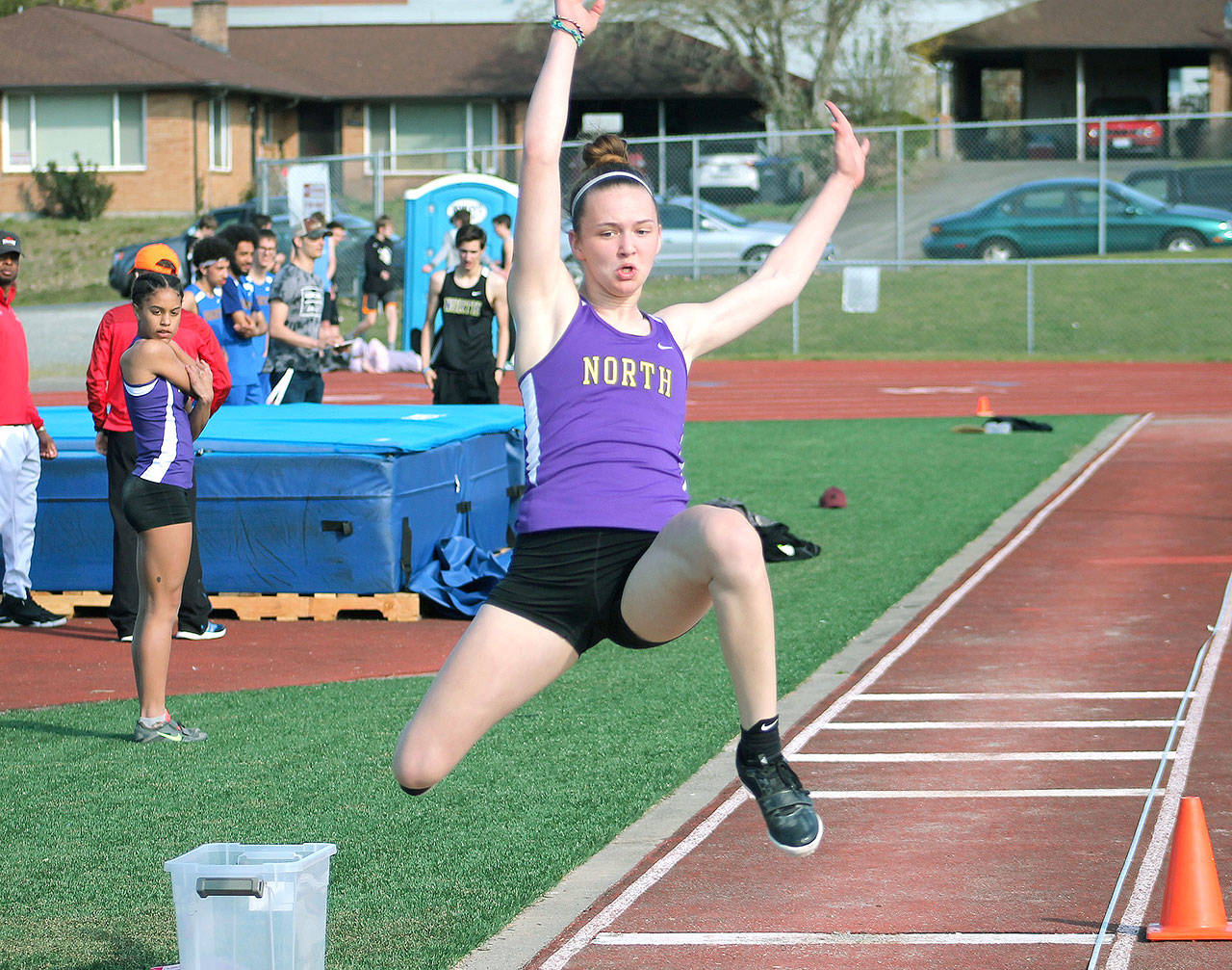 Raelee Moore jumped 16 feet, two inches to take second in the girls long jump. (Mark Krulish/Kitsap News Group)