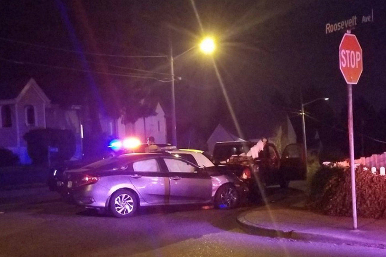 A Honda crashed into a Bremerton police cruiser at 11th Street and Roosevelt Avenue. Photo courtesy of BPD