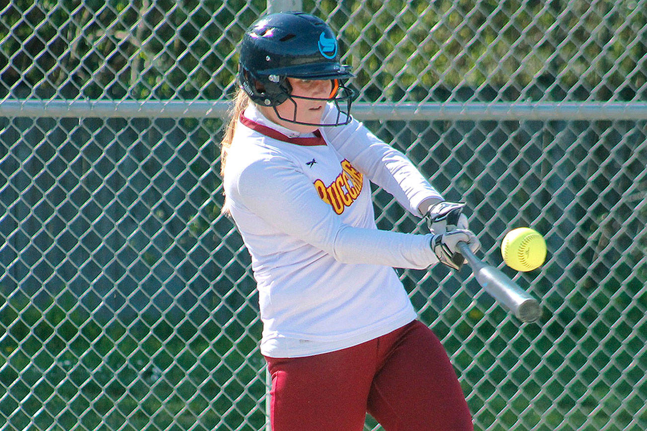 Keira Alvarez connects for a base hit against Klahowya. (Mark Krulish/Kitsap News Group)