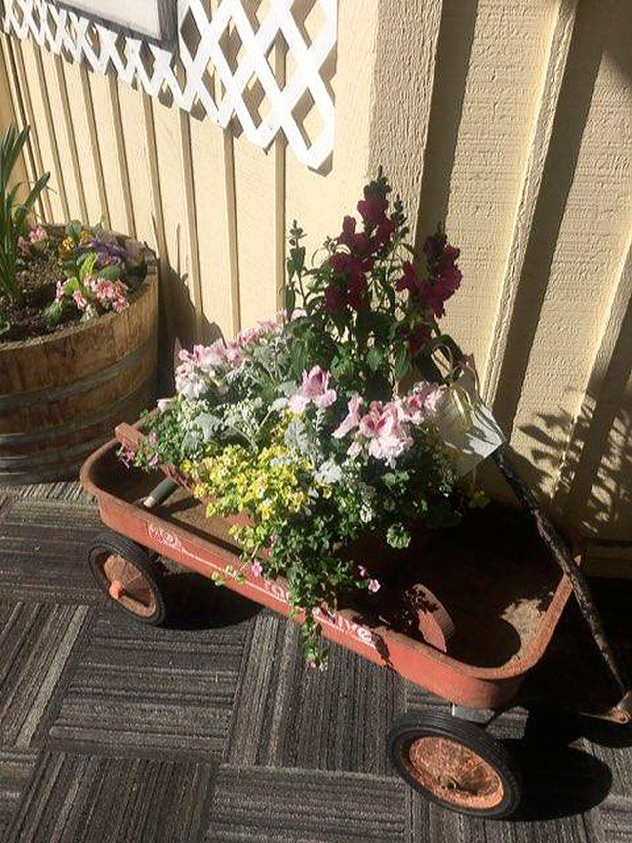 A vintage child’s wagon carries blooming plants as part of a Bay Street merchants’ May Day basket competition, which runs through Saturday, May 4. (Courtesy photo)