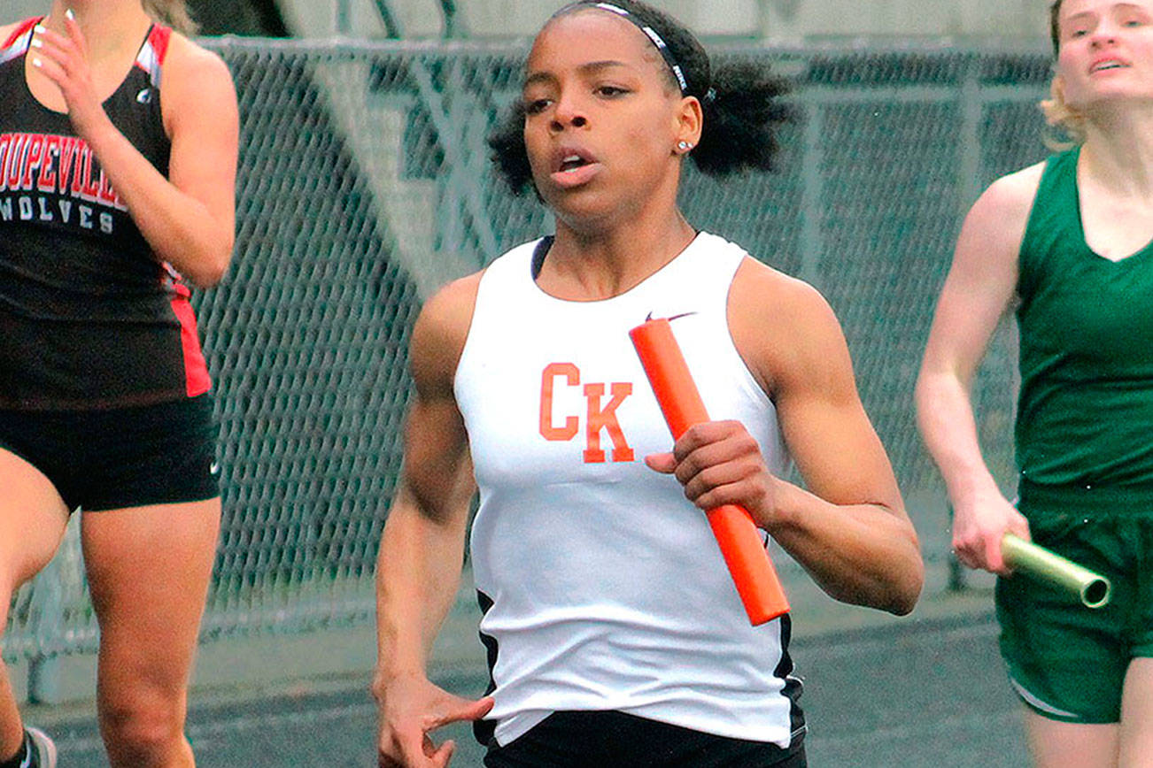 Kymeal Gaulden won two individual events and was part of a winning relay team in helping the Central Kitsap girls win the district title. (Mark Krulish/Kitsap News Group)