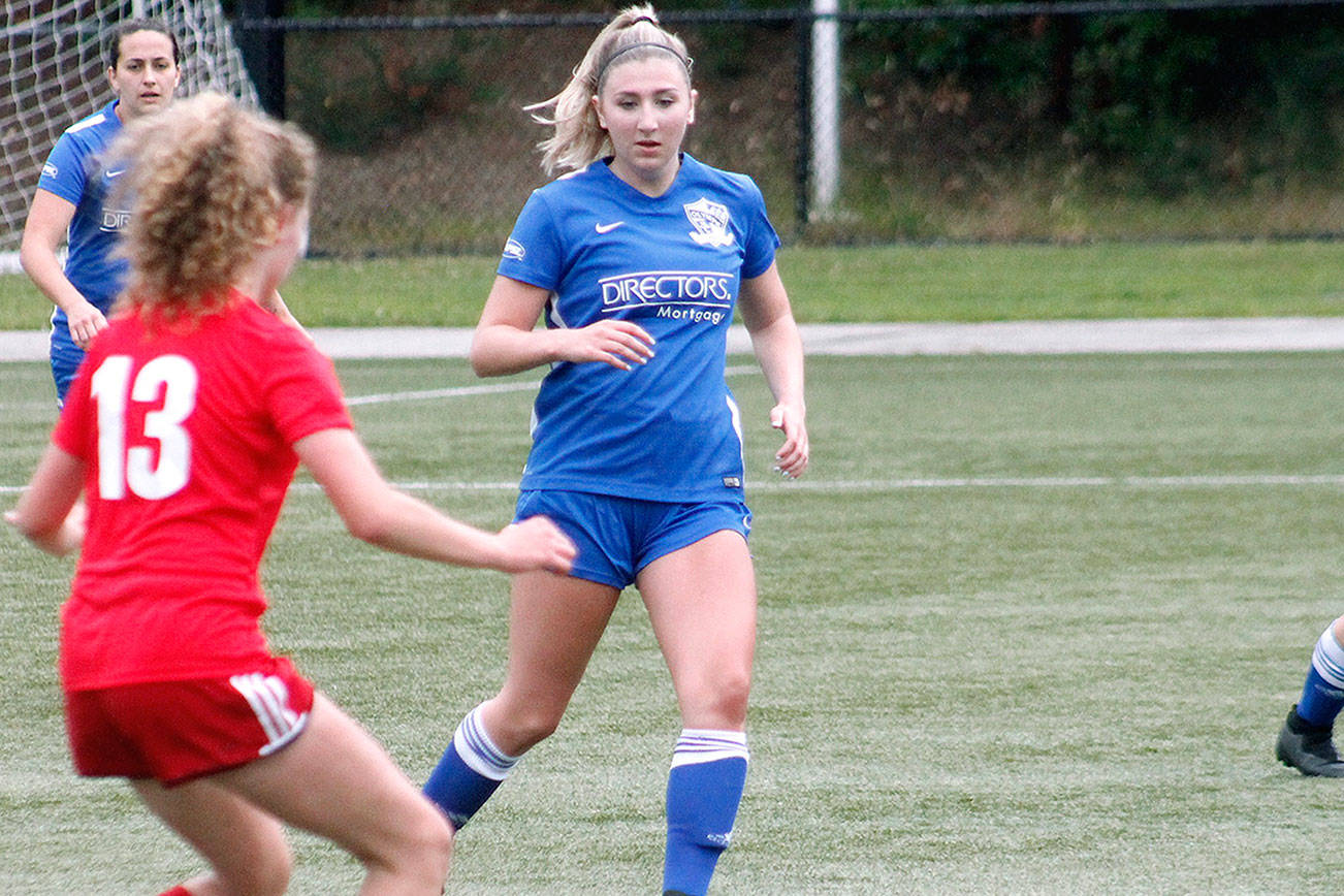 Oly-Pen Force midfielder Emily Peters, a former star at Klahowya, patrols her own half against Black Hills FC. (Mark Krulish/Kitsap News Group)