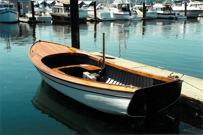 <em>A Poulsbo Boat moored to the dock and on display for a Poulsbo Boat Rendezvous in 1991. </em>Photo courtesy David Shields