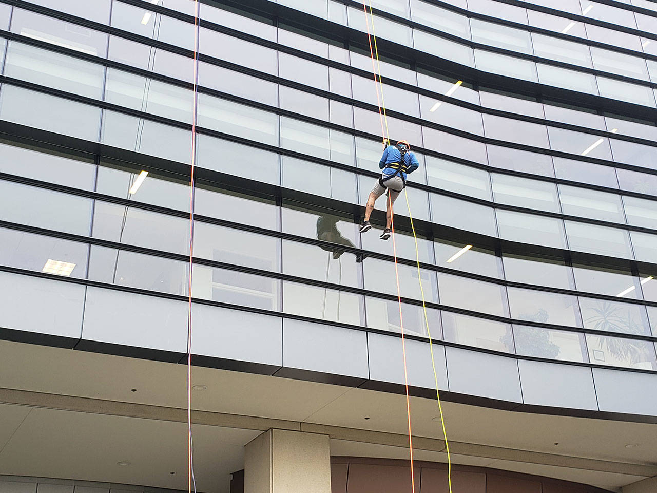Elected officials, volunteers rappel down Norm Dicks Government Center for charity
