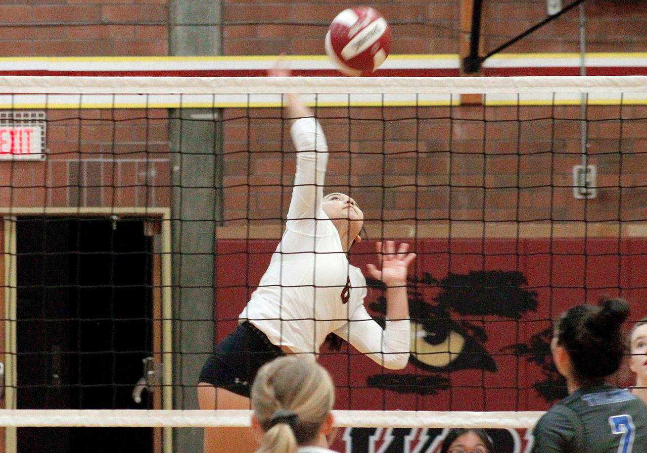 Sophomore Ashlyn Potz recorded four kills, eight digs and 11 assists against Olympic on Tuesday. (Mark Krulish/Kitsap News Group)