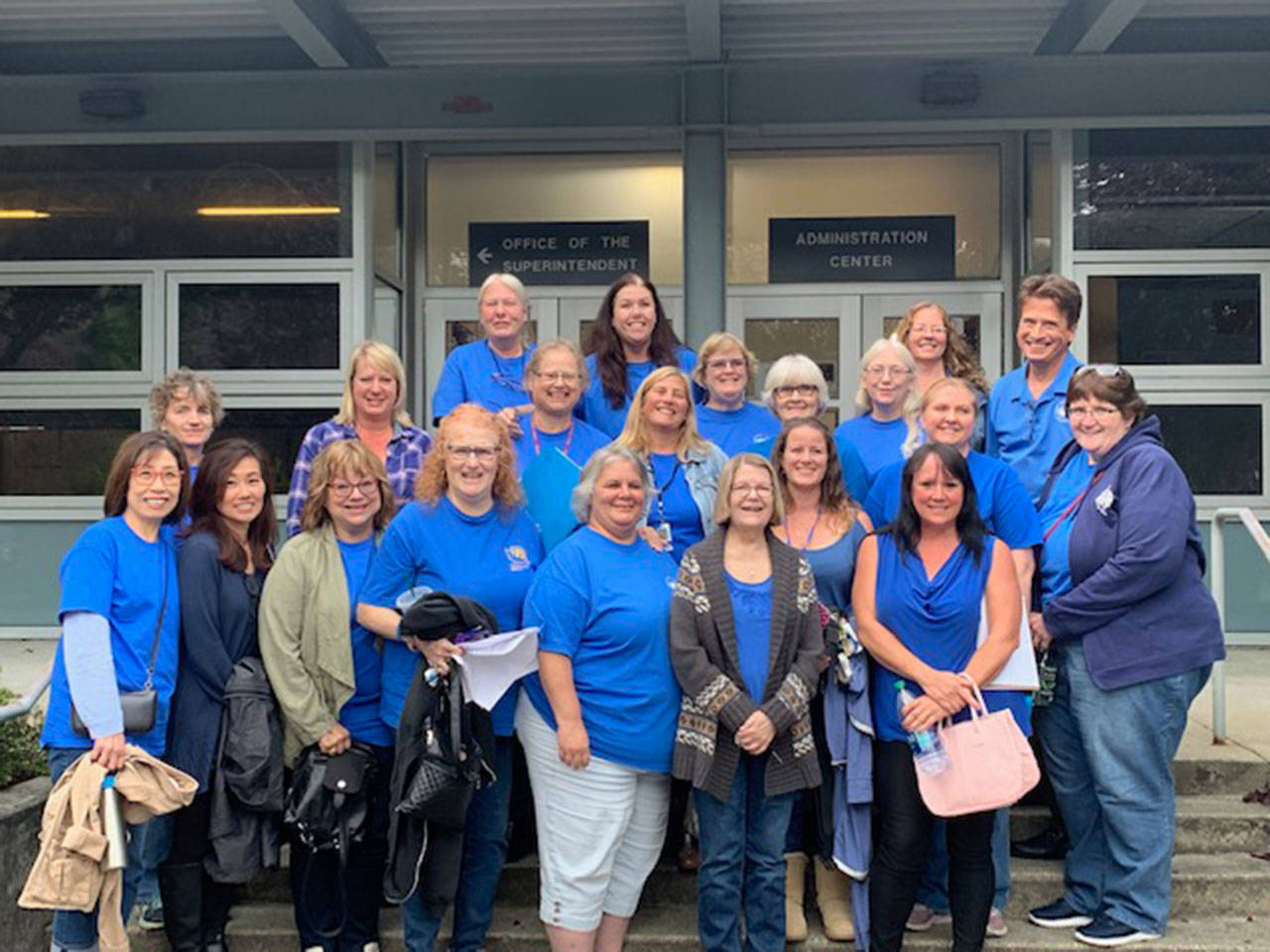 NKSD Paraeducators dressed in blue to show they’re a team while speaking to the district board. (photo courtesy of Dawn Navarette)