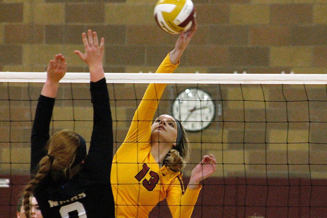 Morgan Halady recorded 17 kills and three blocks for Kingston in its loss to North Mason. (Mark Krulish/Kitsap News Group)