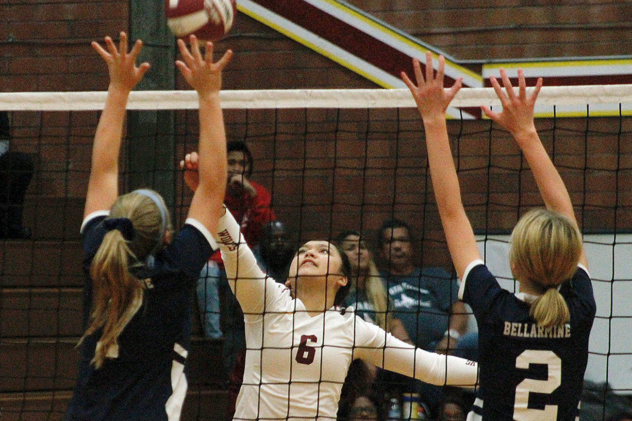 Sophomore Ashlyn Potz has been a breakout player for South Kitsap. In the team’s most recent match against Graham-Kapowsin, she led the Wolves in kills, digs and assists. (Mark Krulish/Kitsap News Group)