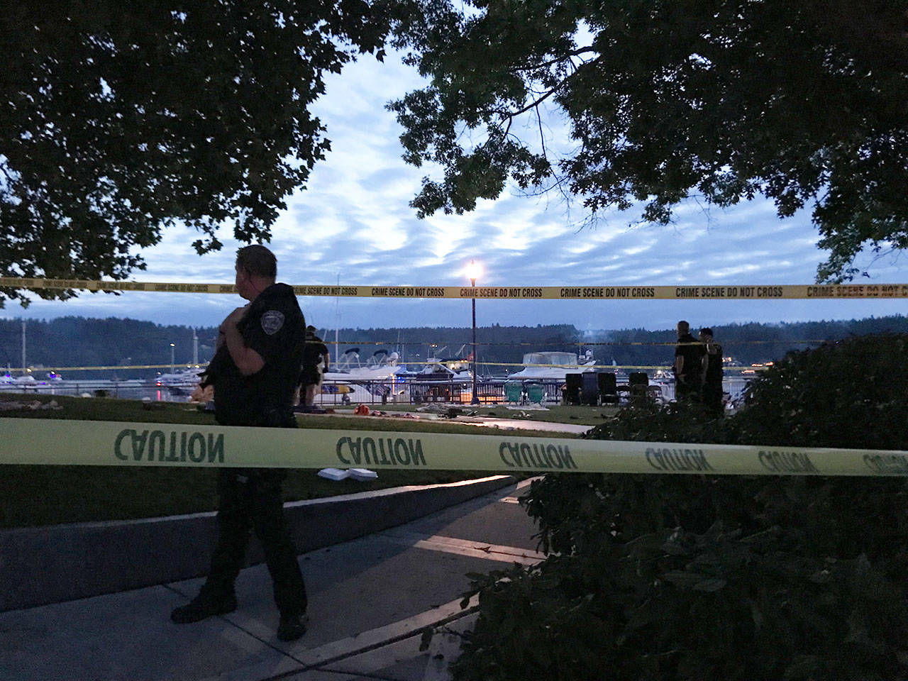Poulsbo PD taped off the south end of the waterfront park in Poulsbo following the officer-involved shooting on July 3. (photo by Ken Park)