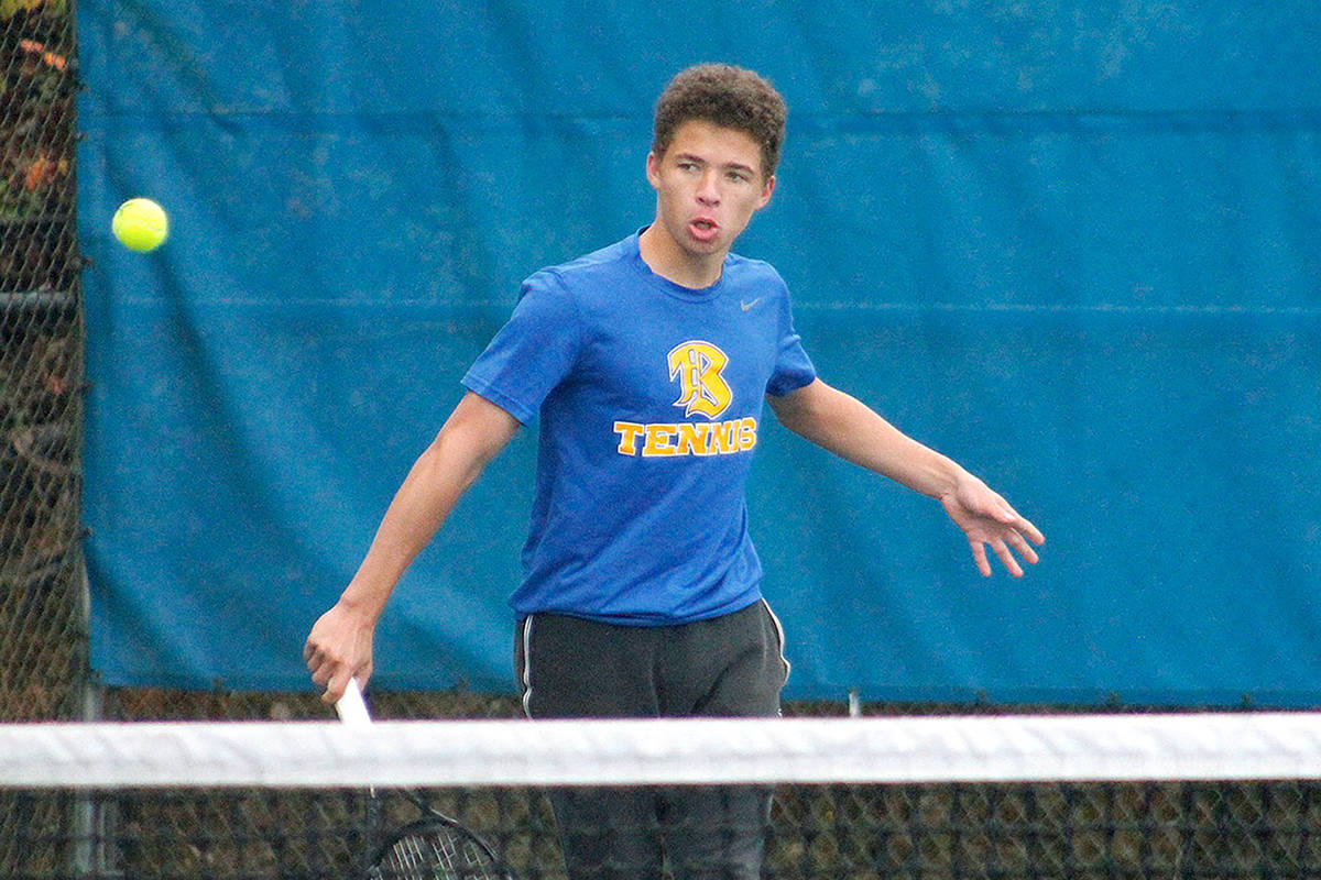 Garrett Lawson finished as the Olympic League tennis champion for the second year in a row. He beat Sequim’s Nico Zangaro in straight sets, 6-3, 6-3 in the finals. (Mark Krulish/Kitsap News Group)