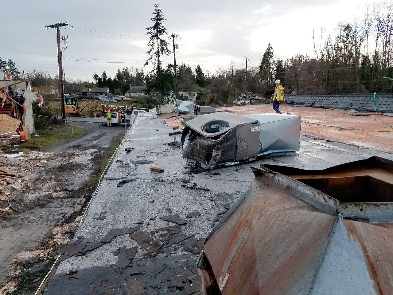 The Port Orchard tornado inflicted severe damage to the Bethel Square building structure, damaging heat and cooling units, and tearing off signage. (Shari Patrick photo)