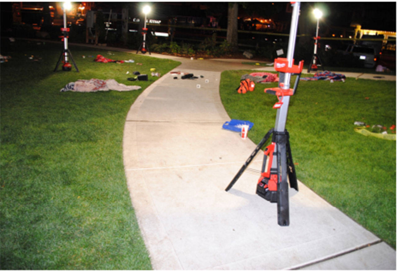 <em>The waterfront park in Poulsbo was transformed into a crime scene on the night of July 3.</em>Photo courtesy of KCIRT
