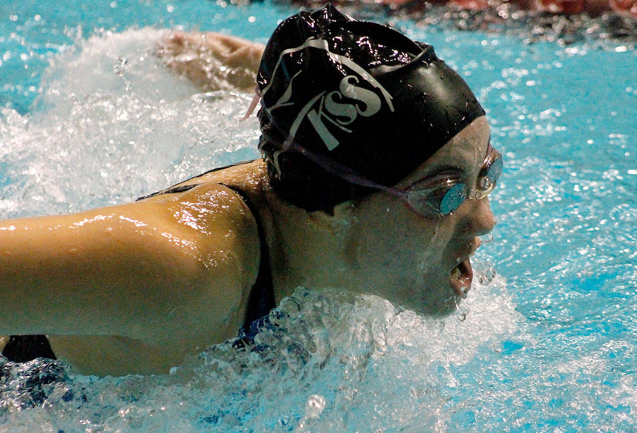 Klahowya’s Elizabeth Helmer took eighth in the 100-yard butterfly at the 1A/2A state meet. (Mark Krulish/Kitsap News Group)