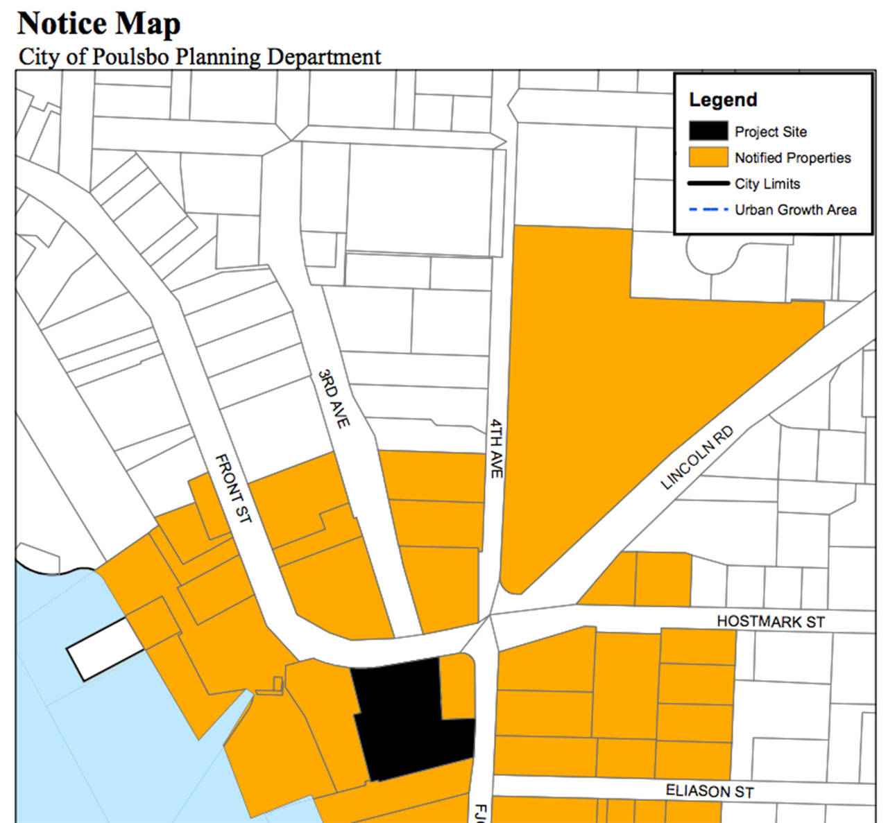 A notice map shows all of the business and areas informed about the potential construction of the Vanaheimr building ( Photo courtesy of Poulsbo Economic Development Department)