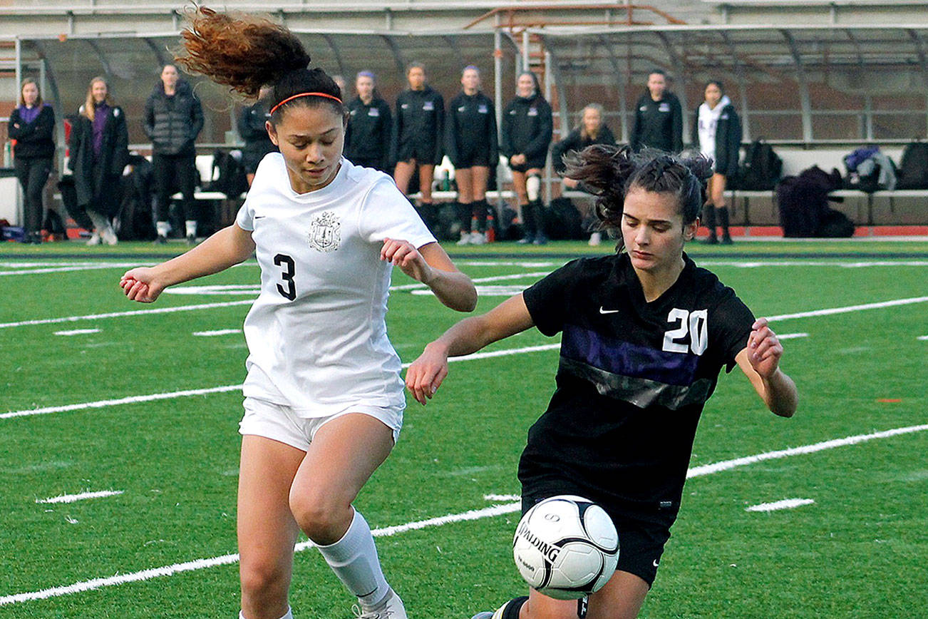 Paris Agana scored her fourth goal of the postseason in the semifinal match against Lake Washington. The Cougars lost 5-2. (Mark Krulish/Kitsap News Group)