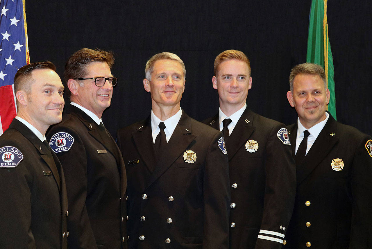 (l-r) Lt. Bryson Eader, Capt. Brain Ramey, Lt. Bruce Lowrie, Capt. Kevin Vay, Battalion Chief Craig Becker. (photo courtesy of Poulsbo Fire Department)