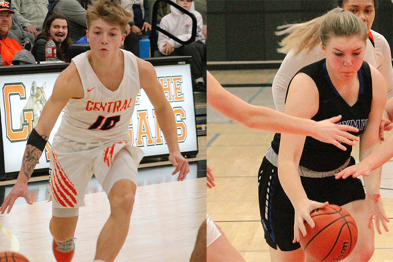Colby White (left) scored 28 points in Central Kitsap’s 72-56 victory over Olympic. Kayla Brehmer (right) scored 15 in the Olympic girls’ win over Central Kitsap. (Mark Krulish/Kitsap News Group)