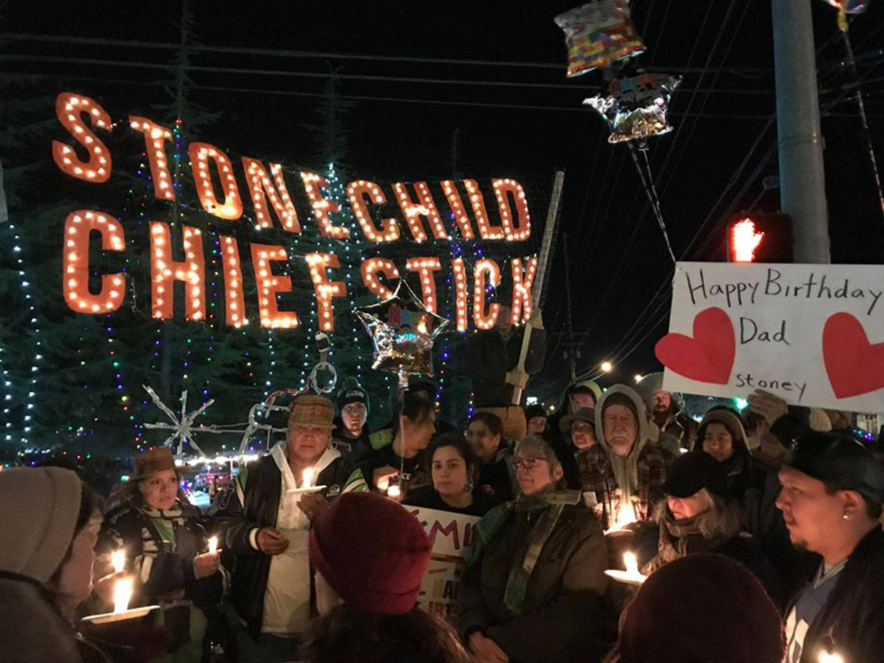 Family, Friends and community members of Stonechild Chiefstick celebrated his 40th Birthday, which coincided with the Poulsbo Christmas Tree Lighting. (photos by Ashley Ann)