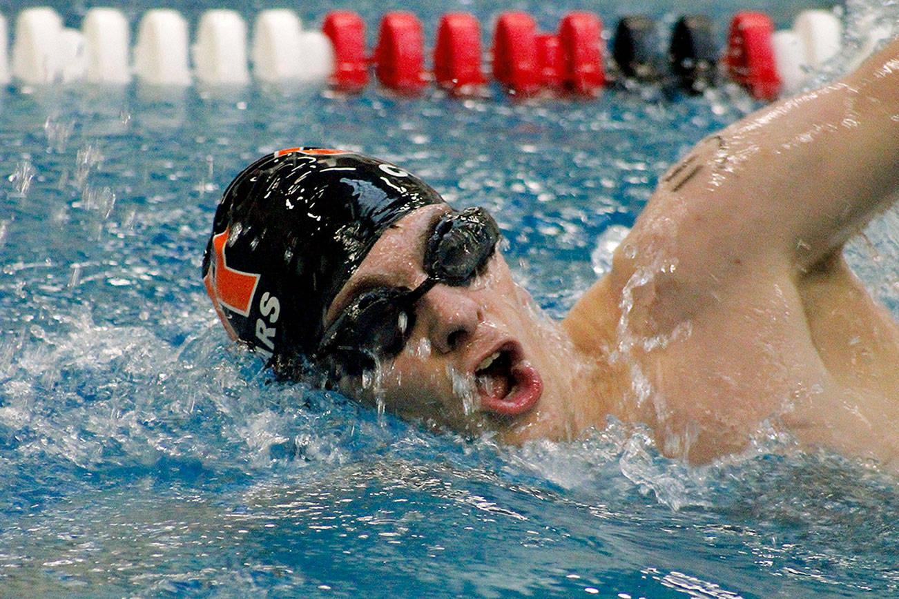 Damien Miller takes home second in the 200-yard freestyle, helping Central Kitsap win the CKSD Tri-Meet with Olympic and Klahowya on Tuesday. (Mark Krulish/Kitsap News Group)