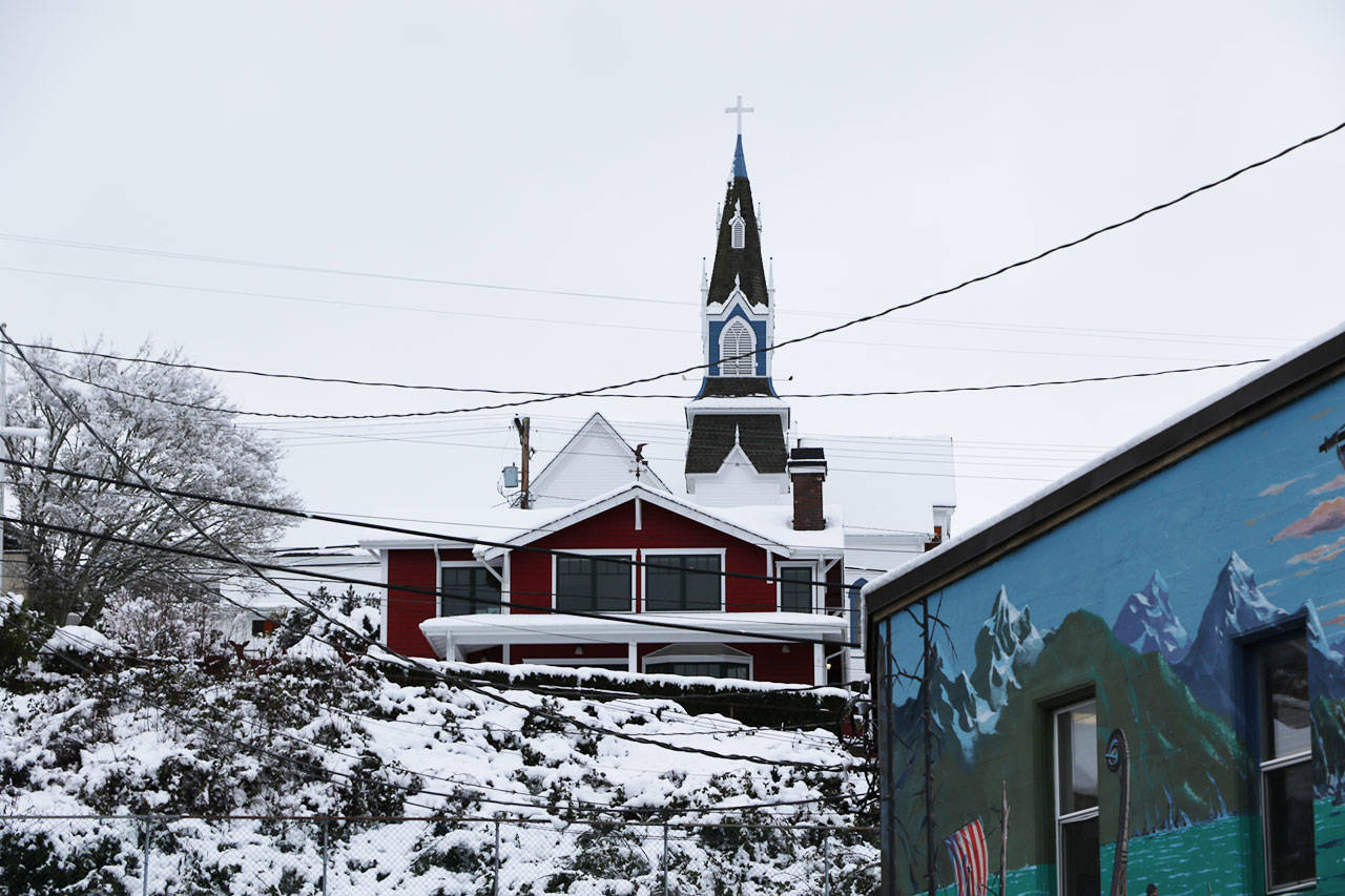 First Lutheran Chuch stands out even more in the snow.