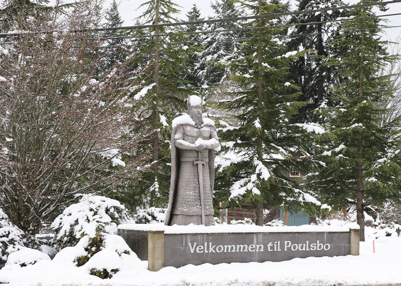 The mighty Viking guard to Poulsbo stands sentinel in the snow.