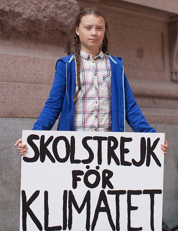 Greta Thunberg, outside the Swedish parliament. Wikimedia Commons.