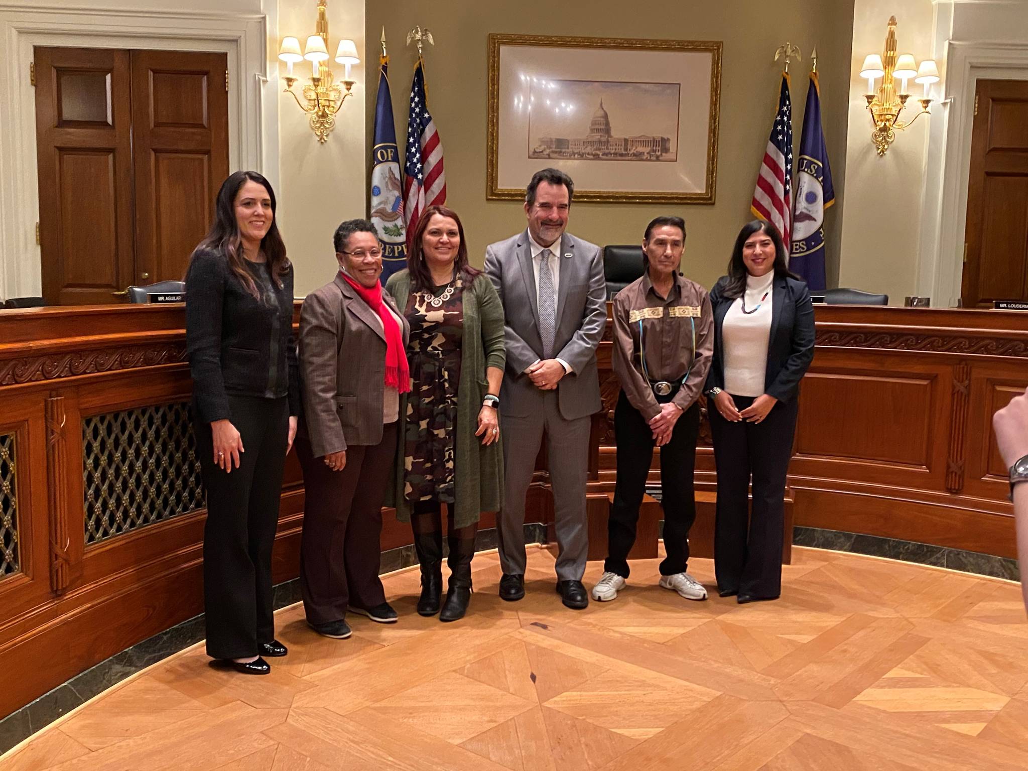 <em>Patricia Ferguson-Bohnee, Director of Indian Legal Clinic, ASU Law; Chair Marcia Fudge, US House Subcommittee on Elections; Doreen McPaul, Attorney General, Navajo Nation; Chairman Leonard Forsman, Suquamish Tribe; Elvis Norquay, Turtle Mountain Band of Chippewa Tribal Member; and Jacqueline De Leon, Attorney, Native American Rights Fund. </em>Photo courtesy Suquamish Tribe