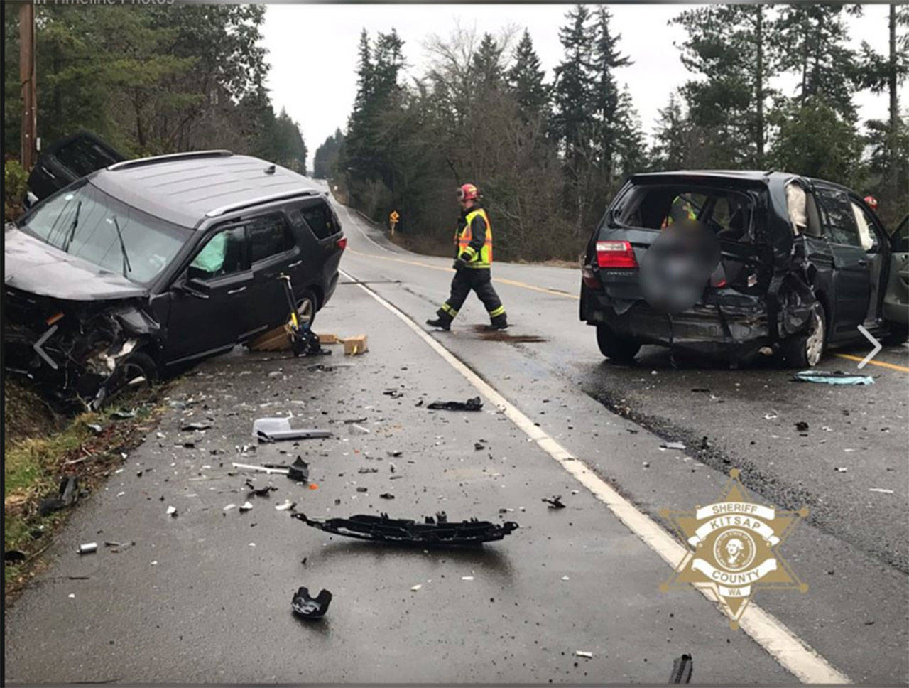 A Ford Explorer collided head-on with a Honda Odyssey along Clear Creek Road. (photo courtesy of KCSO)