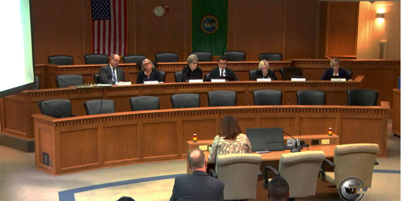 Executive Director for WSPS Tricia Benson and Kitsap County Commissioner Robert Gelder testified in front of the Senate Human Services, Reentry, and Rehabilitation Committee on Feb. 4, 2020. (WA Legislature)