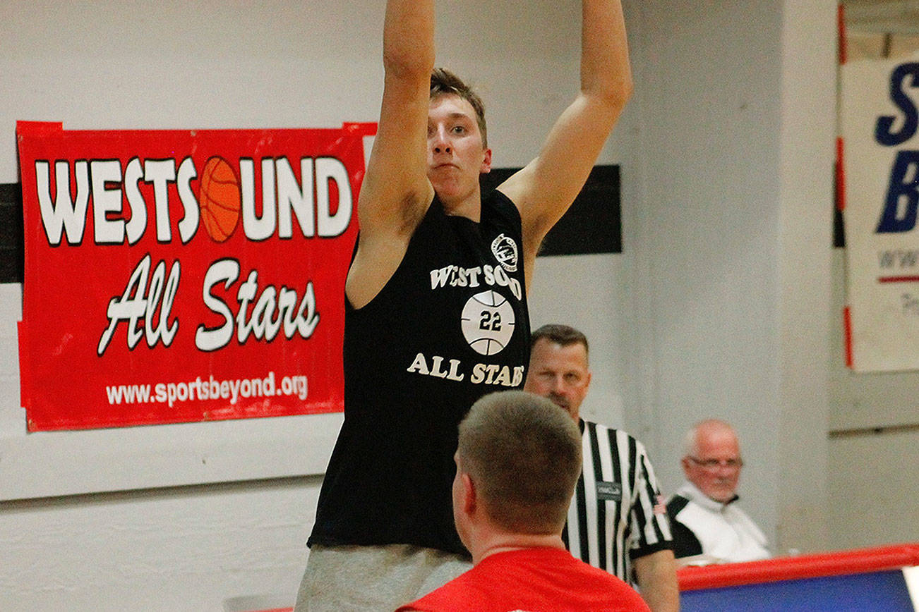 Logan Chmielewski, playing for Team Cascade, opened the 18th Annual West Sound All-Star game with a pair of 3-pointers, but Team Puget Sound prevailed 90-83. (Mark Krulish/Kitsap News Group)