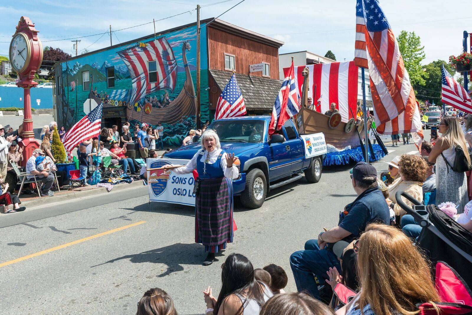 The Bremerton Sons of Norway Oslo Lodge longship makes its way through Poulsbo’s Front Street during the 2019 Viking Fest parade. Brian Judge / Kitsap News Group.
