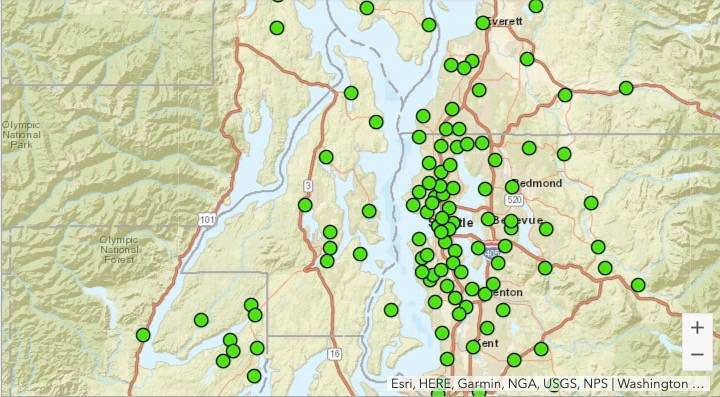 A screen capture of the map available on the state Department of Commerce’s website showing hot spot areas in Kitsap County as well as nearby counties.