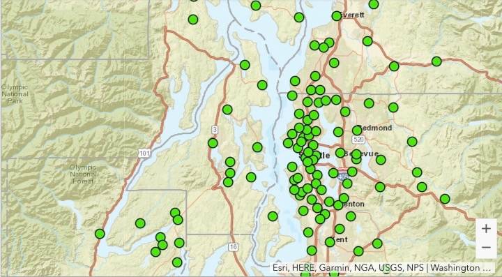 A screen capture of the map available on the state Department of Commerce’s website showing hot spot areas in Kitsap County as well as nearby counties.