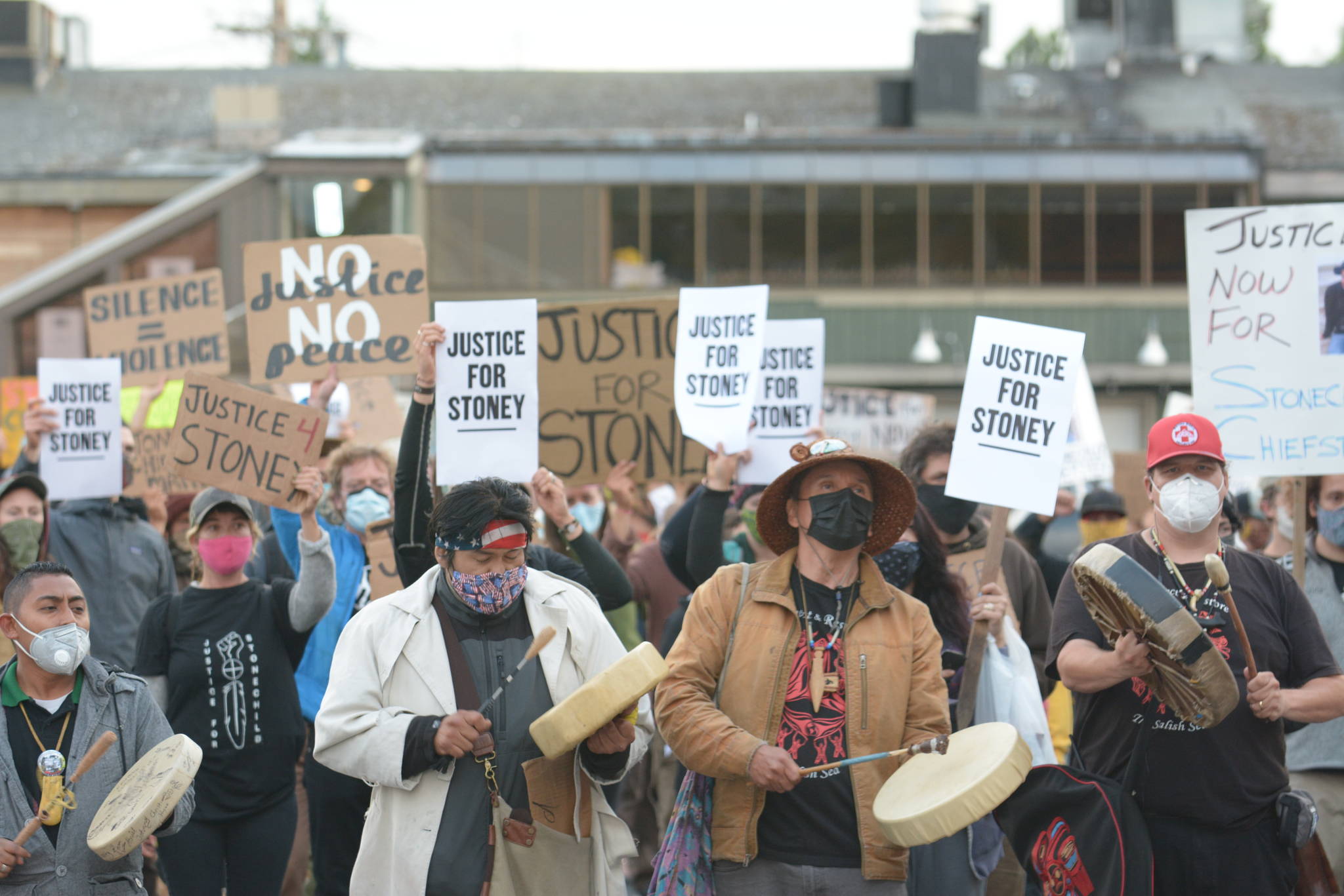 Demonstrators gather in downtown Poulsbo on July 3, the one year anniversary after the fatal police shooting of Stonechild Chiefstick. Photo Courtesy Suquamish Tribe