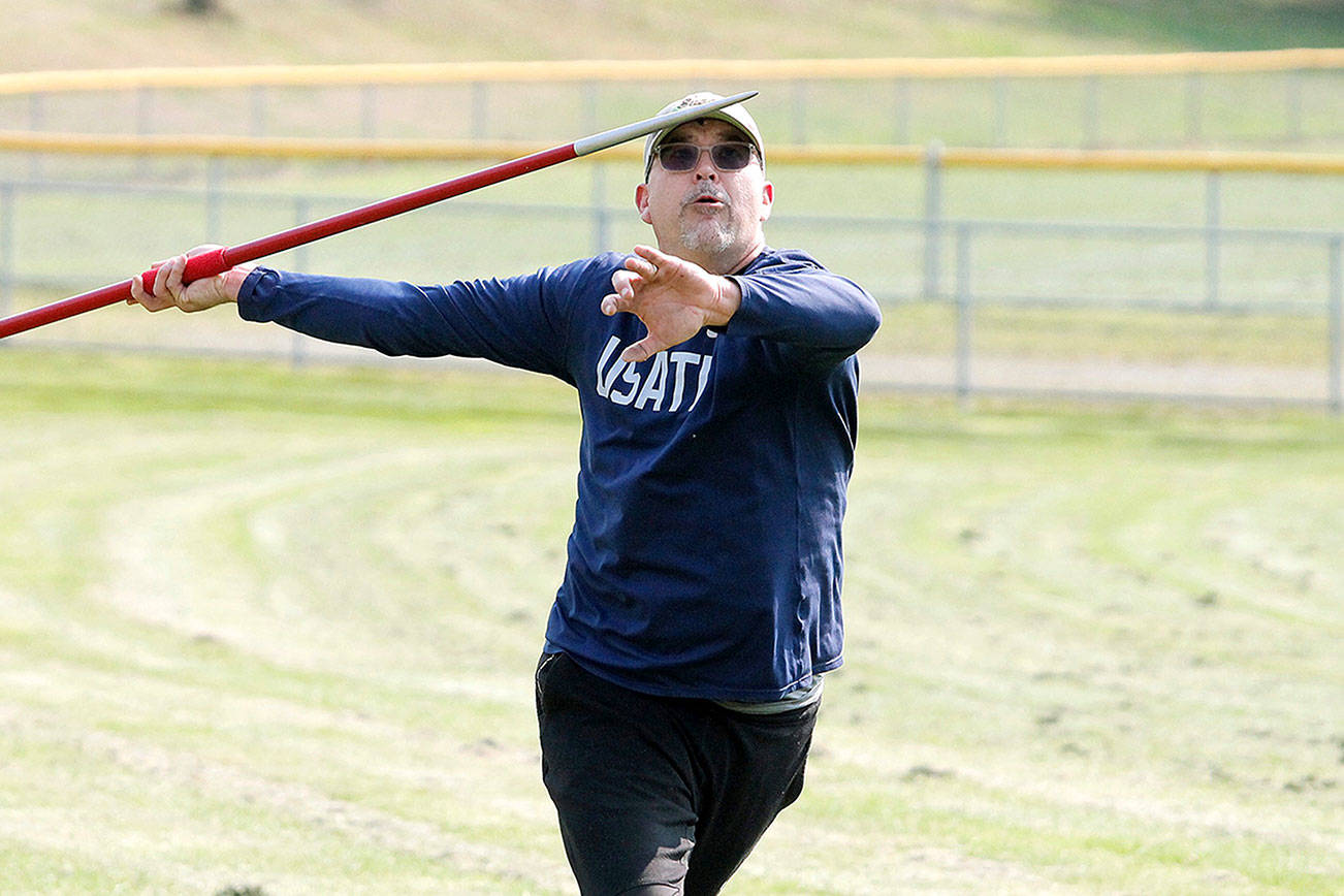 Mark Krulish | Bainbridge Island ReviewKingston resident Jon Claymore is hoping to win the World Masters Virtual Challenge javelin competition in his age group.