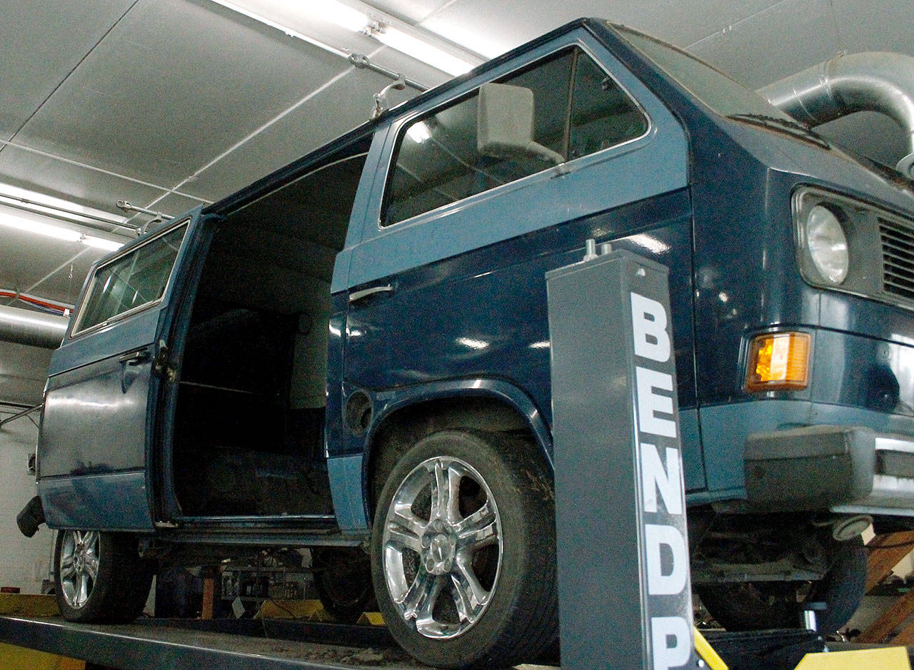 EV Works currently has a Vanagon up on the rack, which will be converted to electric. (Mark Krulish/Kitsap News Group)