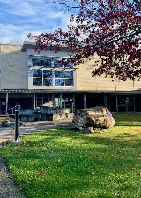 The North Kitsap High School spirit rock was relocated to its new home in the campus commons in an effort to remain central to the school, but also monitor the messaging that goes on the rock. (submitted photo)