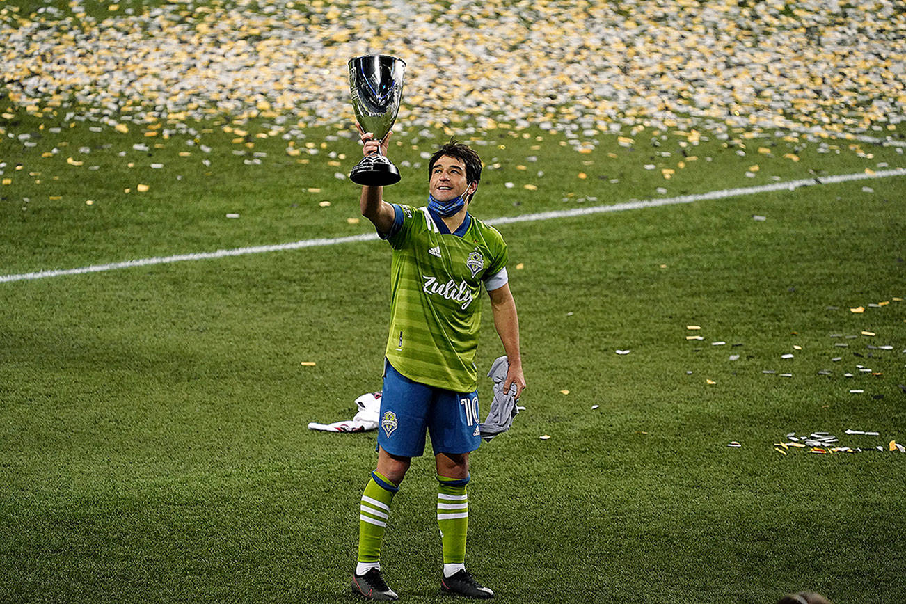 Sounders captain Nicolas Lodeiro celebrates as his team advanced to the MLS Cup for the fourth time in franchise history. (Mike Fiechtner/Sounders FC Communications)