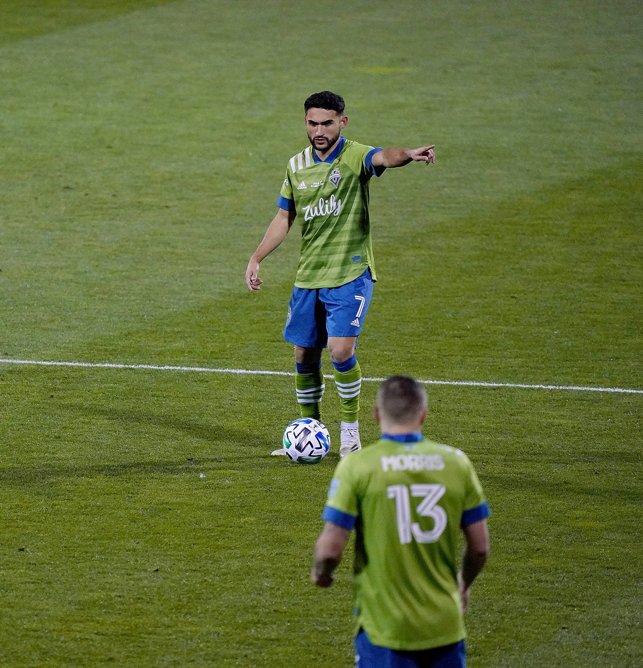 Cristian Roldan directs traffic during the MLS Cup. (Mike Fiechtner/Sounders FC Communications)