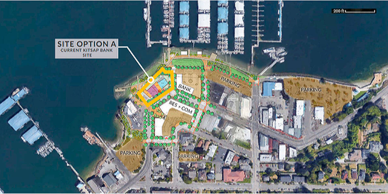 The site that currently includes the headquarters location of Kitsap Bank in downtown Port Orchard has been chosen by a selection team as the new location of the planned South Kitsap Community Events Center. (City of Port Orchard illustration)