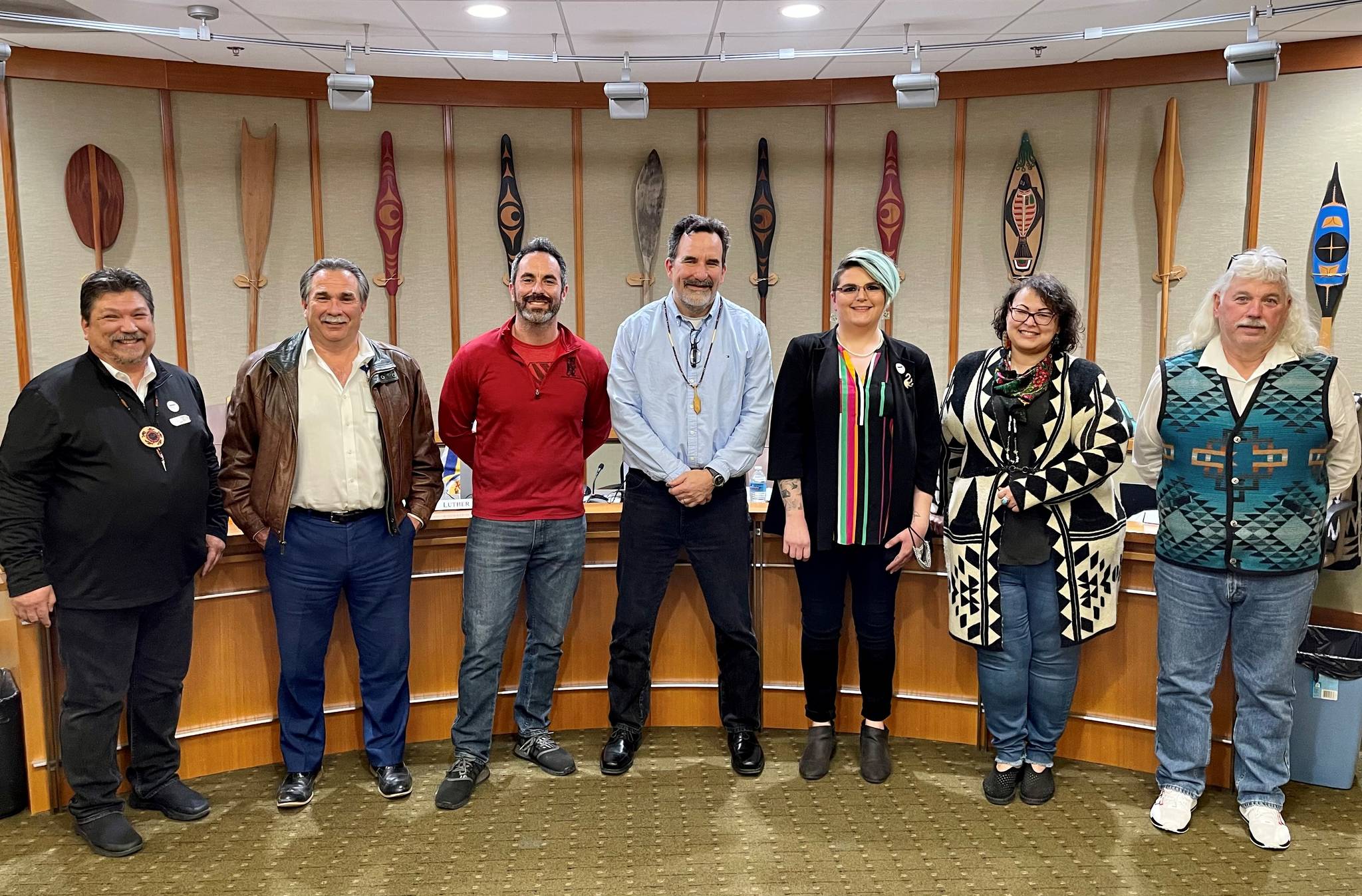 The new Suquamish Tribal Council, from left, Councilmembers Luther (Jay) Mills Jr., Rich Purser, Sammy Mabe, Chairman Leonard Forsman, secretary Windy Anderson, treasurer Robin Little Wing Sigo and vice-chairman Wayne George. (Photo by Jon Anderson/Courtesy of Suquamish Tribe)