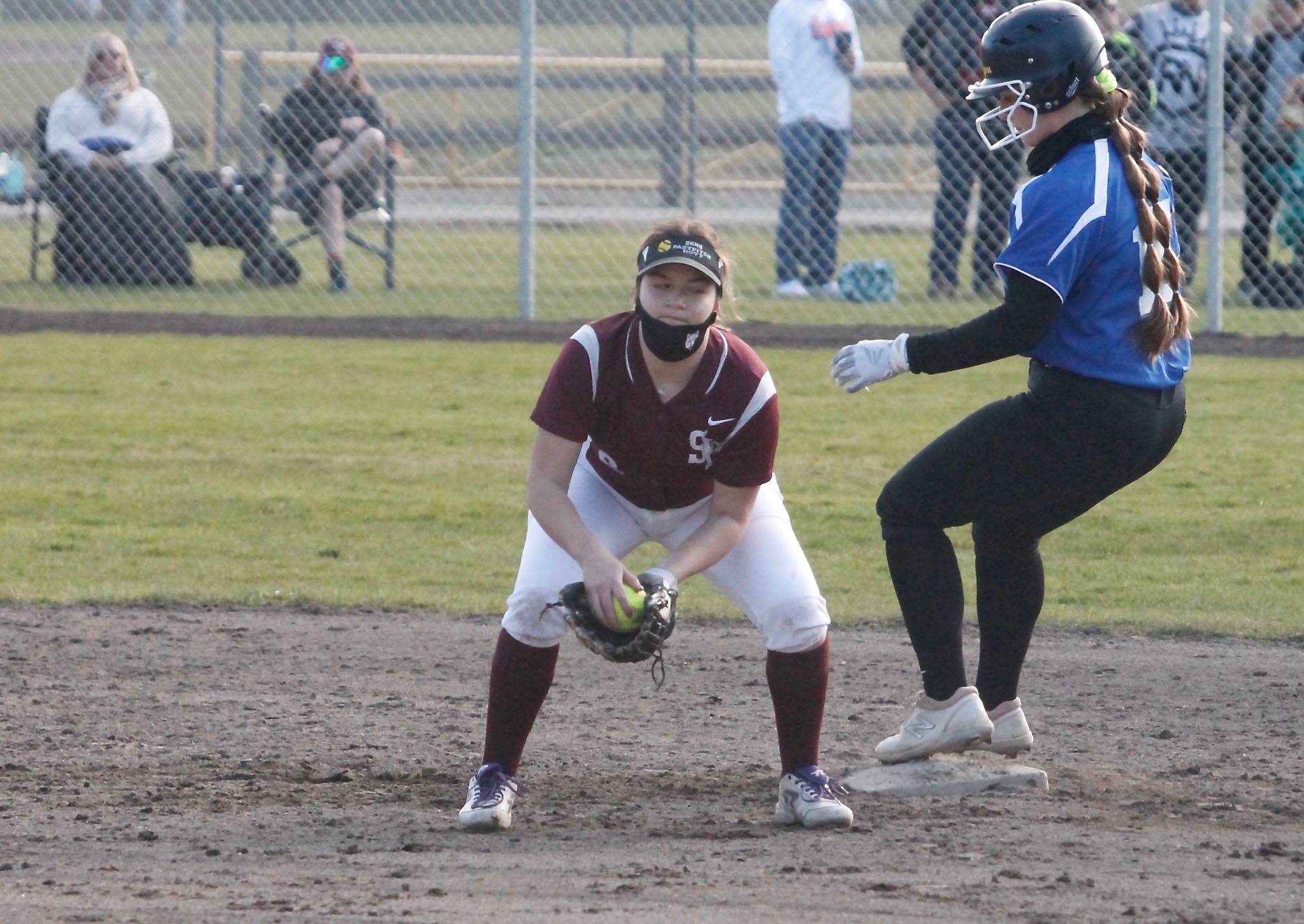 Shortstop Sarah Hoyt gets in front of a throw during a steal attempt. (Mark Krulish/Kitsap News Group)