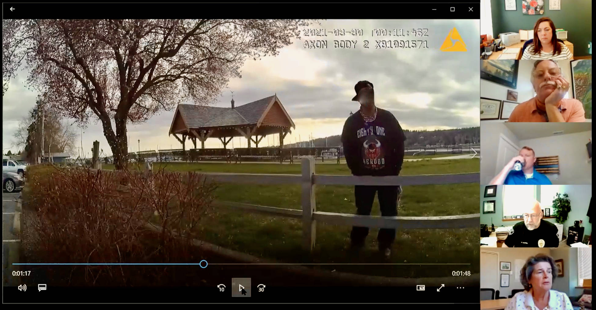 <em>Image is taken from Poulsbo police officer Bryan Kunz body camera during an interaction with a man causing a disturbance at Waterfront Park. The subjects image is blurred due to an ongoing case against him. </em>Courtesy Photo