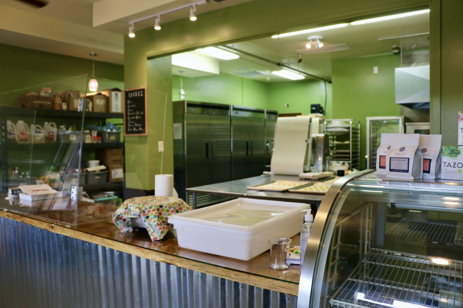 Thusday-Sunday these counters and racks are filled with tasty treats from Big Leaf Maple Bakery but on Tuesdays... it's prep day. (KPark/NKH)