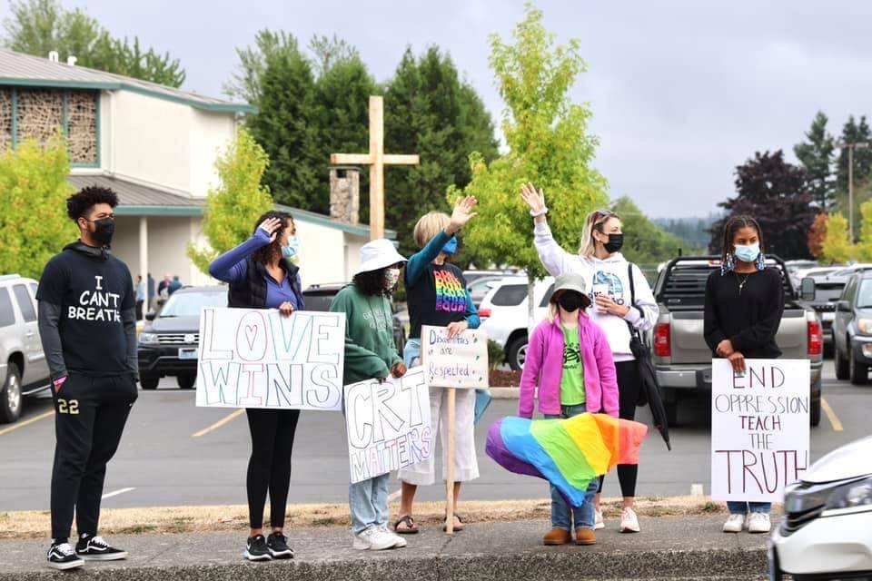 Close to 300 people lined the sidewalks around Gateway Fellowship Church in protest of Joseph Backholm, who was invited to speak on Critical Race Theory. Courtesy Photos
