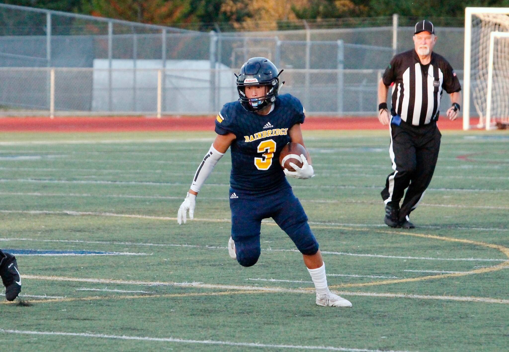 Bainbridge’s air attack had a top-notch night against Sequim. Leading the way was senior Jeff Utter, who caught six passes for a team-high 83 yards. (Mark Krulish/Kitsap News Group)